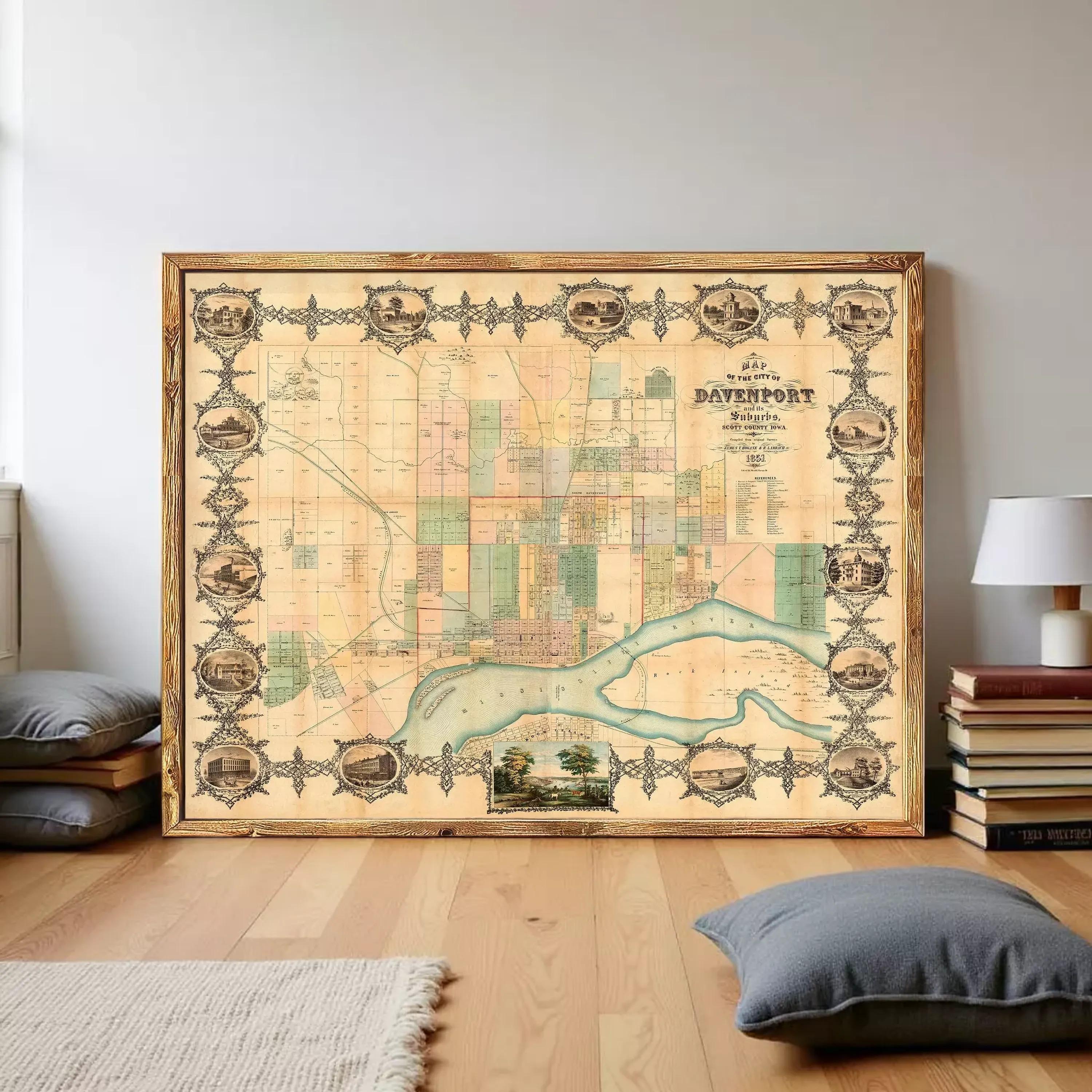 The image is a framed antique map of the city of Davignon, France, depicting the city's layout and surrounding areas.