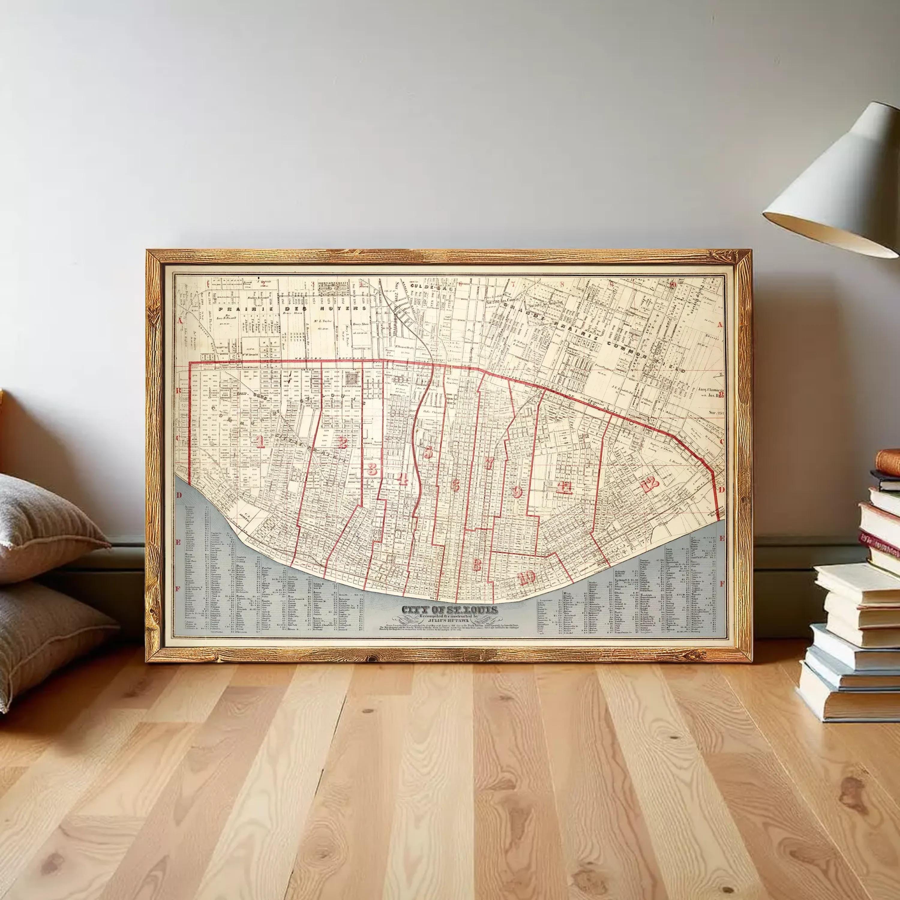 The image is a framed vintage map of a city, likely New Orleans, with a detailed layout and street names.