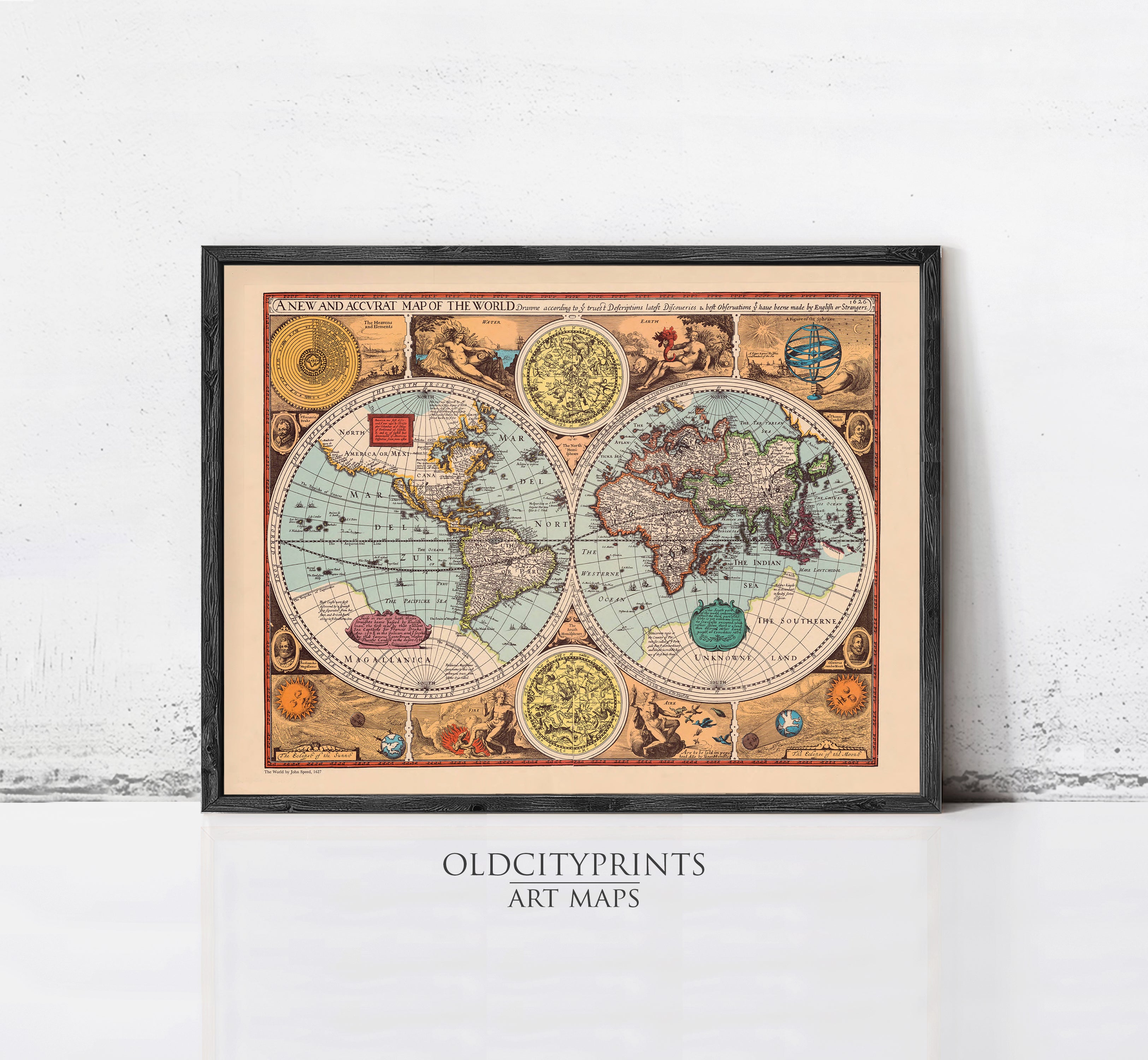 The image is a framed vintage map of the world, featuring intricate details and colorful illustrations.