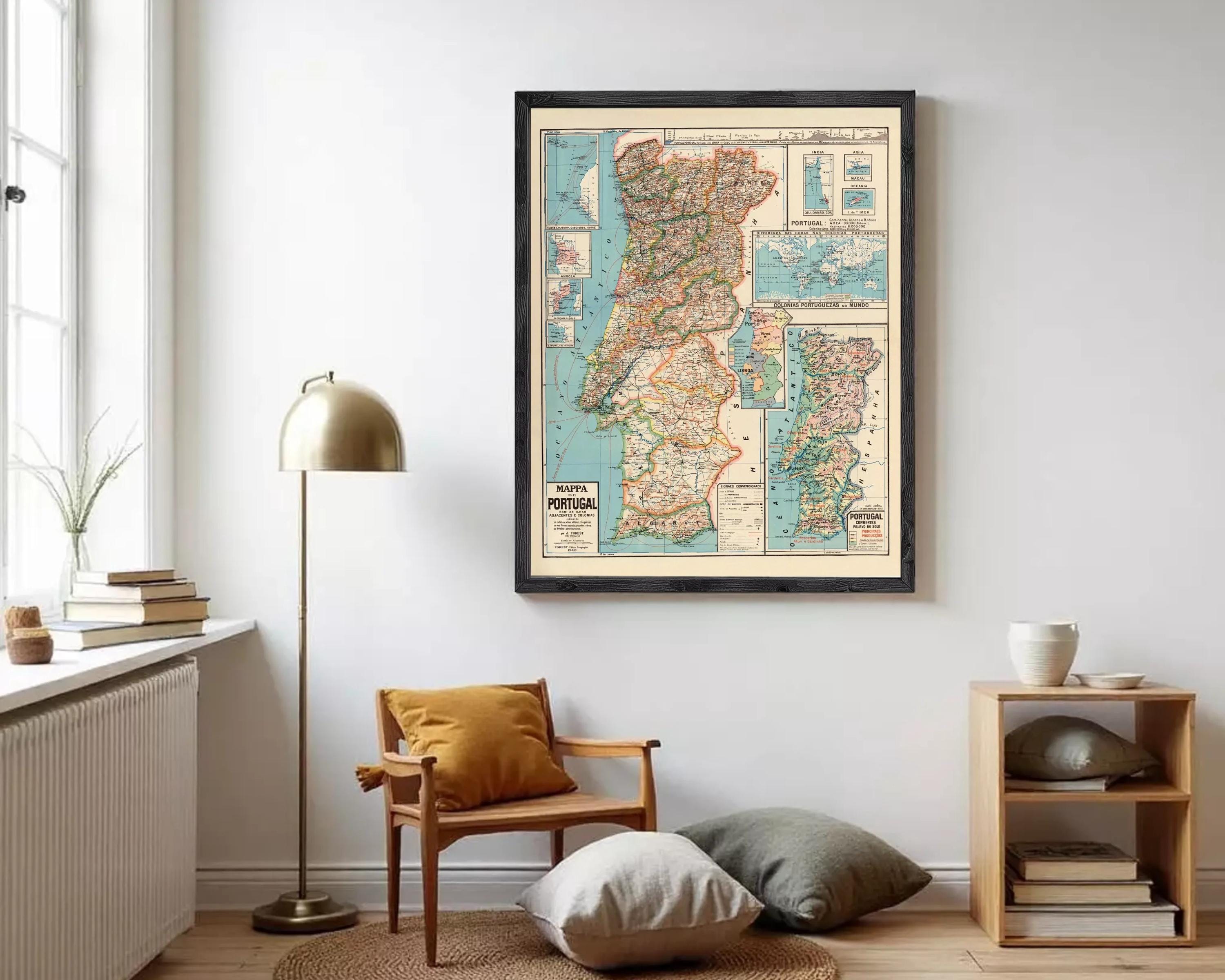The image is a framed vintage map of Portugal, showing the country's geographical layout and surrounding areas.