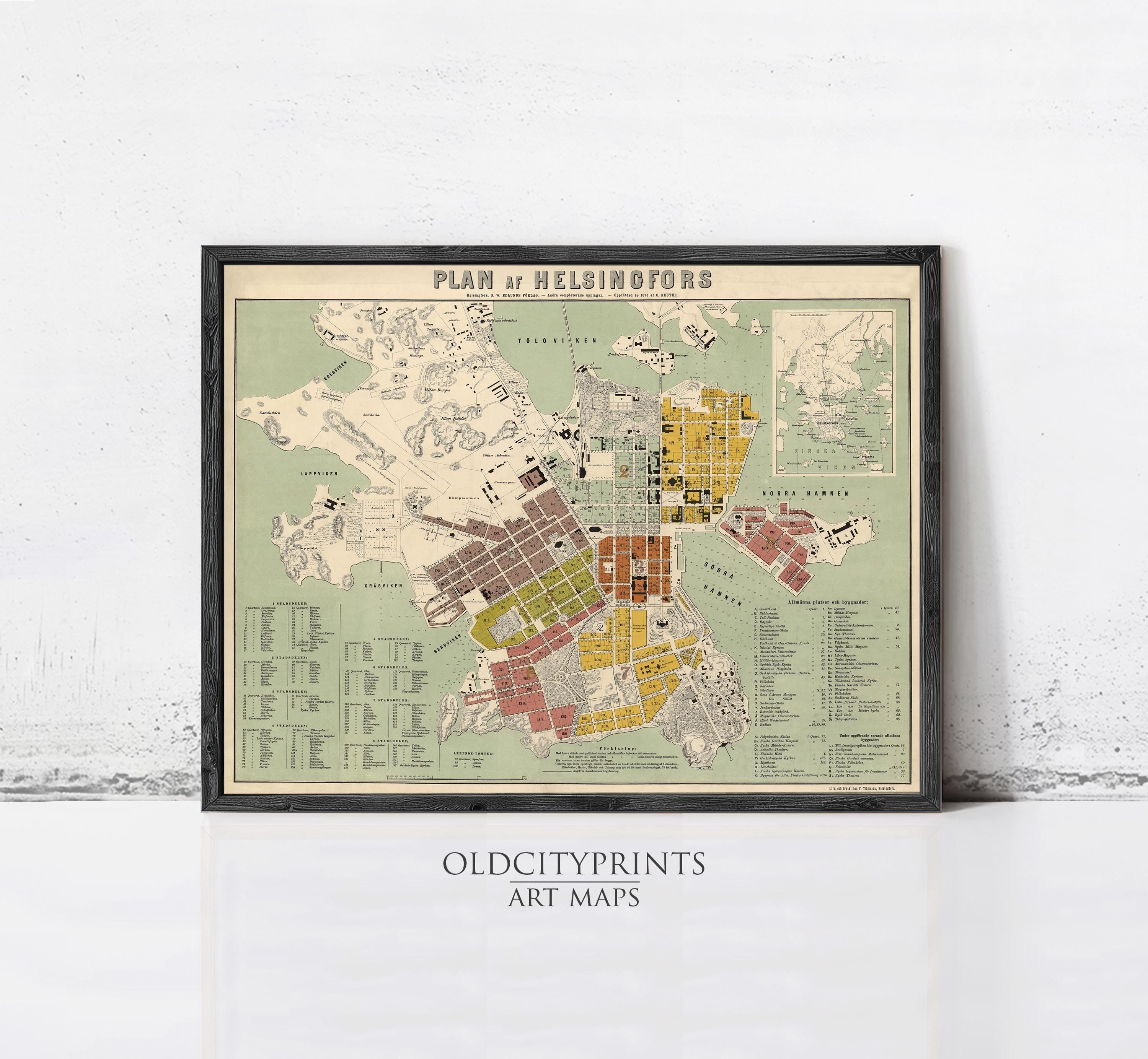 The image is a framed vintage map of Helsinki, Finland, depicting the city's layout and surrounding areas.