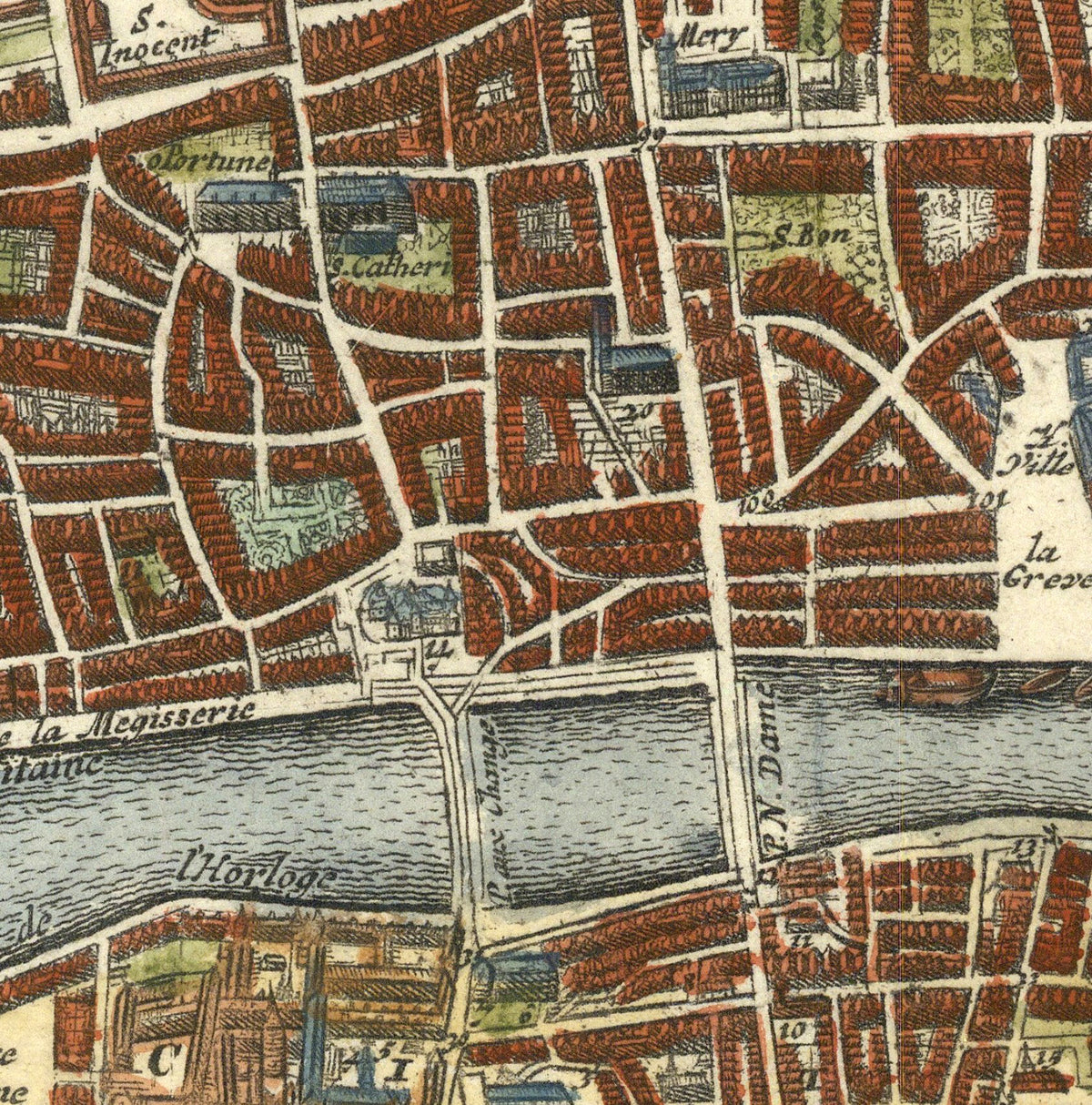 The image is a detailed map of a city, showing streets, buildings, and a river.