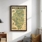 A framed map of Illinois, Indiana, and parts of Michigan, with various labels and illustrations.