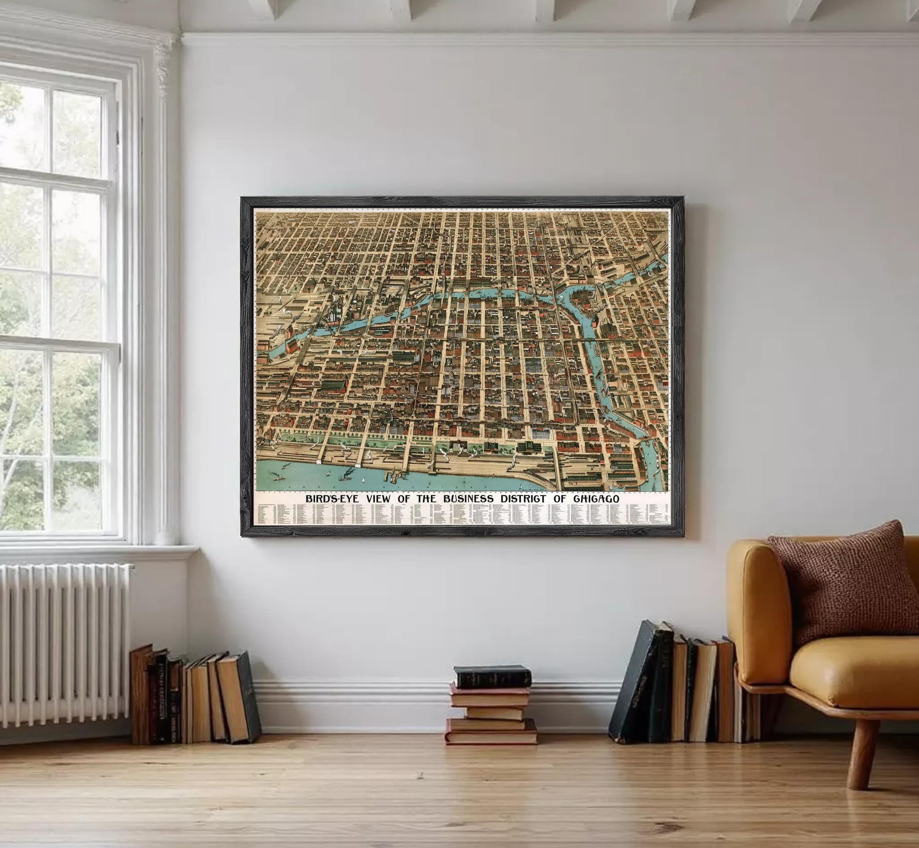 The image is a framed vintage map of Chicago, Illinois, depicting the city's business district.