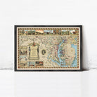 The image is a framed vintage map of Maryland, featuring various illustrations and labels that provide geographical information about the state.