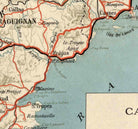 The image is a map of France, showing the coastal regions and their connections. It includes the coastal cities of St. Tropez, Cap de Salines, and St. Raphael, as well as the coastal cities of Ragnighan, Aix-en-Provence, and Aix-en-Provence. The map also includes the coastal cities of Callas, Aix-en-Provence, and Aix-en-Provence. The map is oriented with north at the top, and the coastline is depicted in red. The map includes various labels and names for the coastal cities and regions.