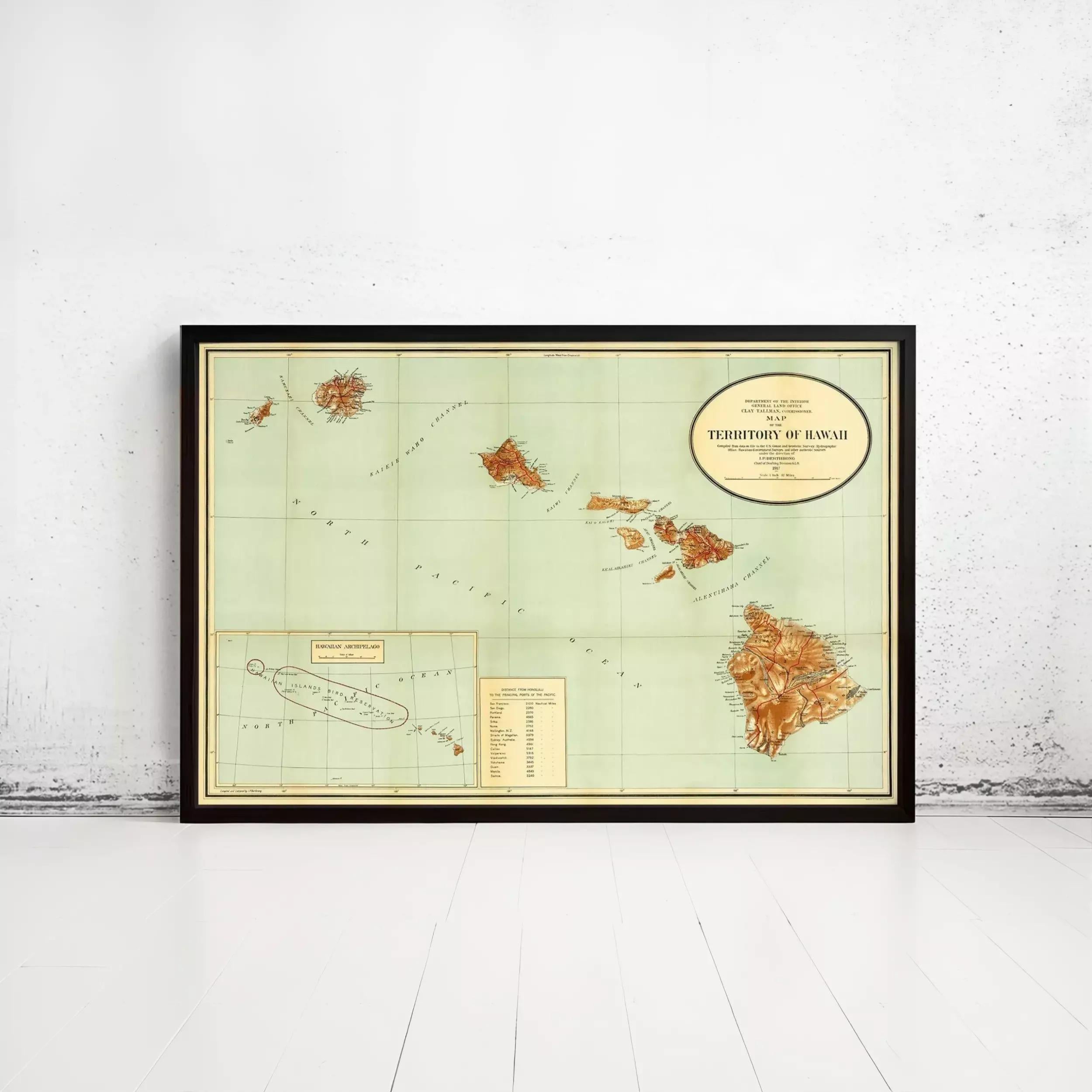 The image is a framed map of the Territory of Hawaii, depicting the islands and surrounding areas.