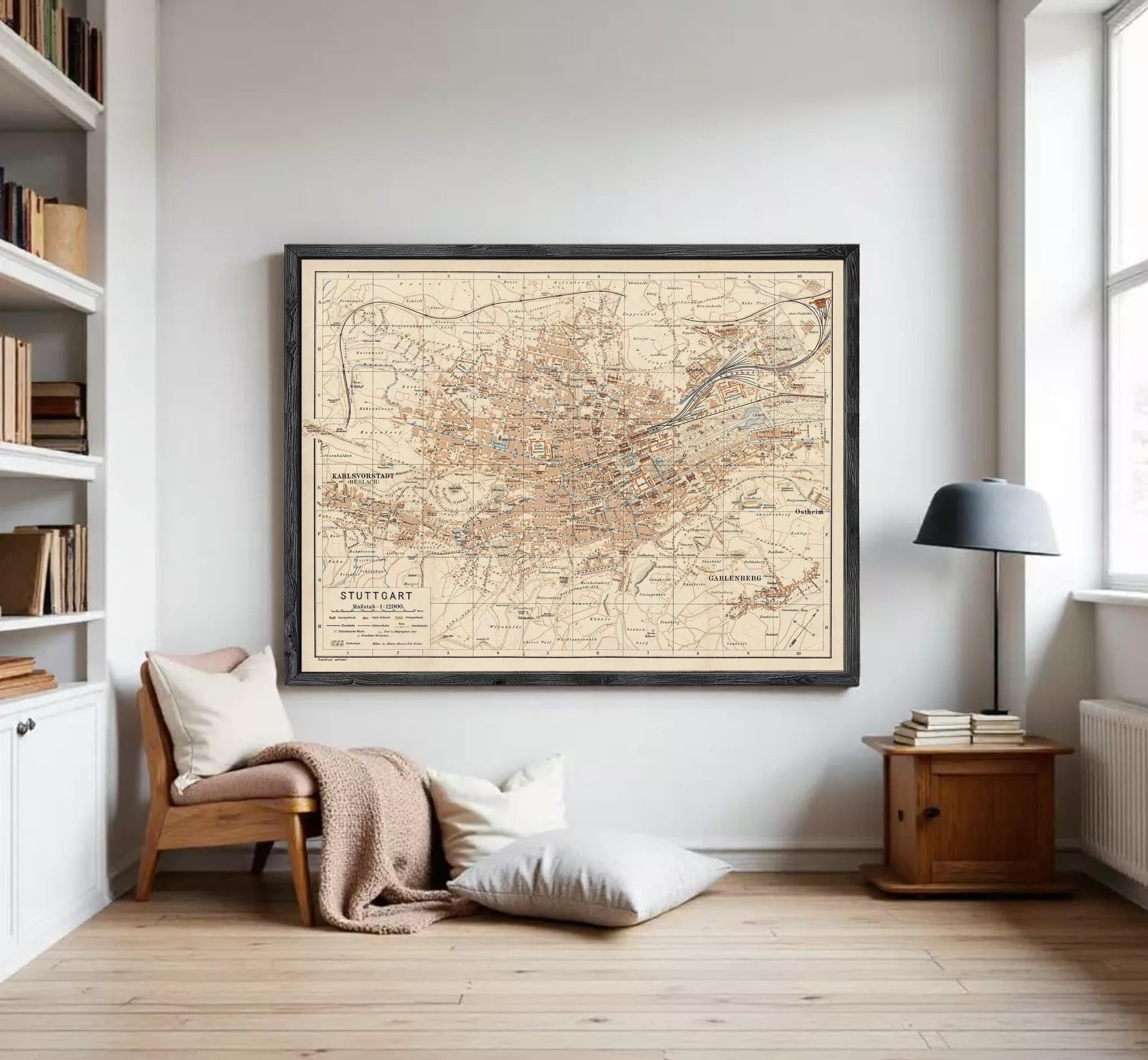 The image is a framed vintage map of Stuttgart, Germany, depicting the city's layout and surrounding areas.