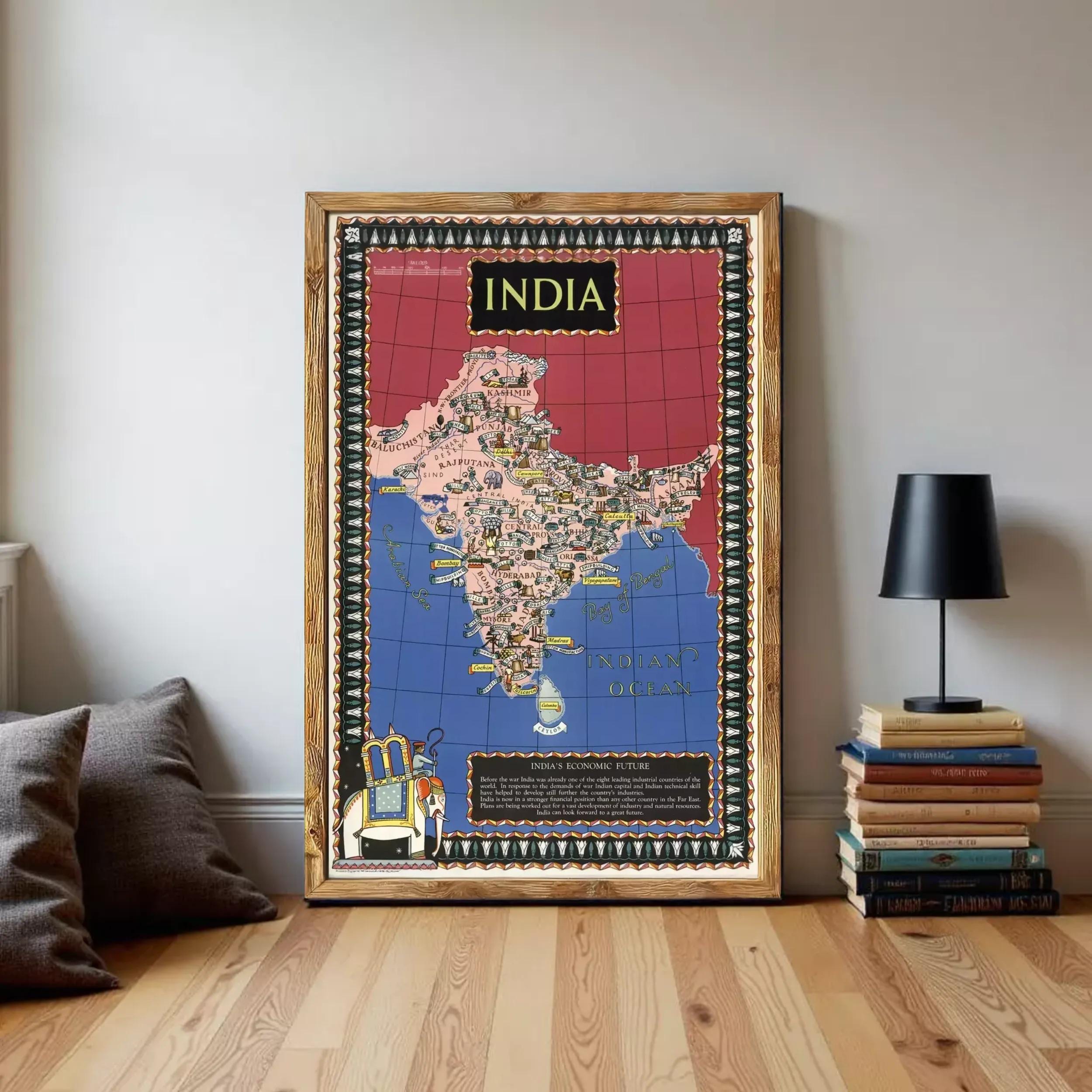 The image is a framed poster of India, featuring a colorful map of the country with various landmarks and symbols.