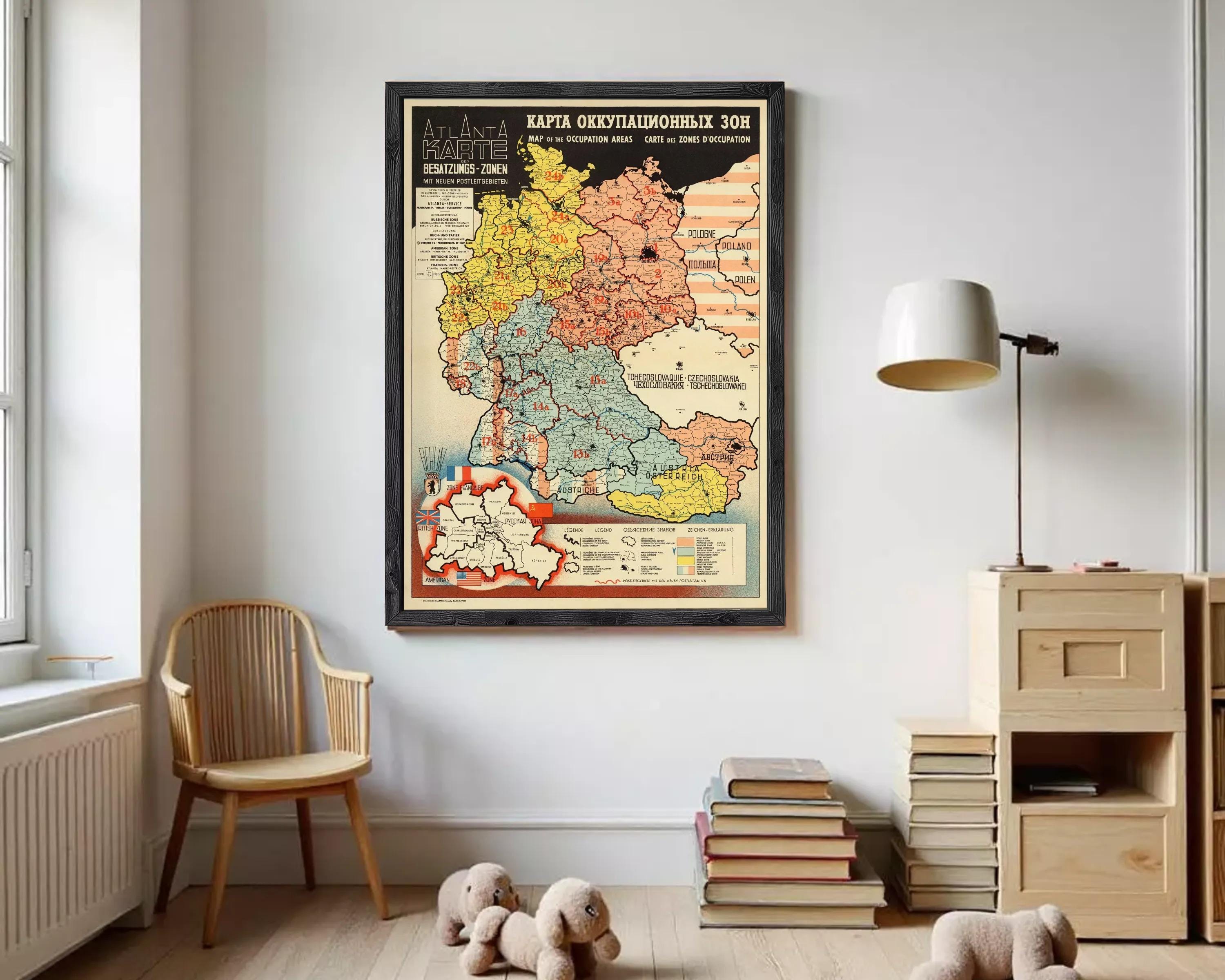 The image is a framed map of Germany, showing the different occupation areas and zones of occupation during the war.