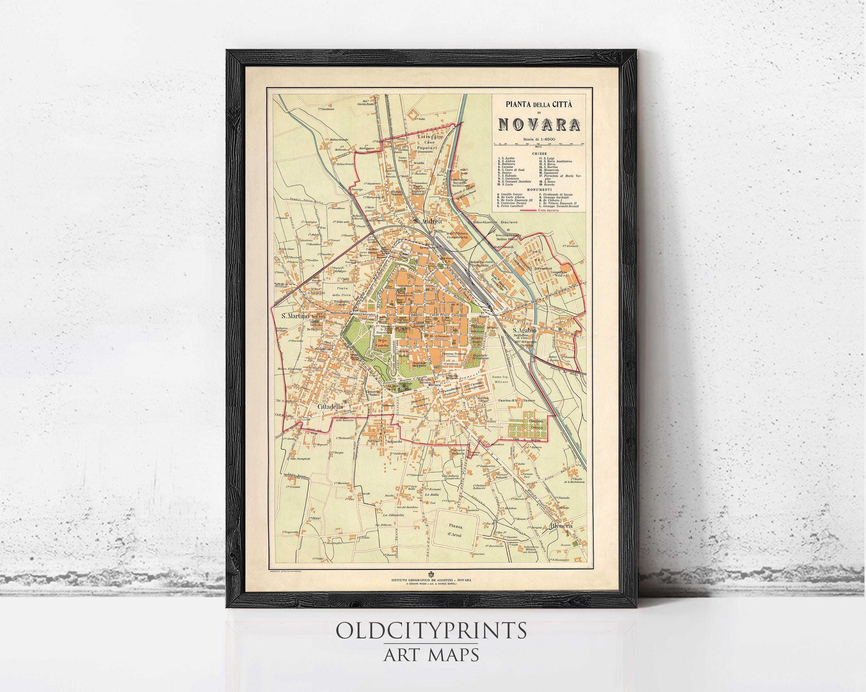 The image is a framed vintage map of Novara, depicting the city's layout and surrounding areas.