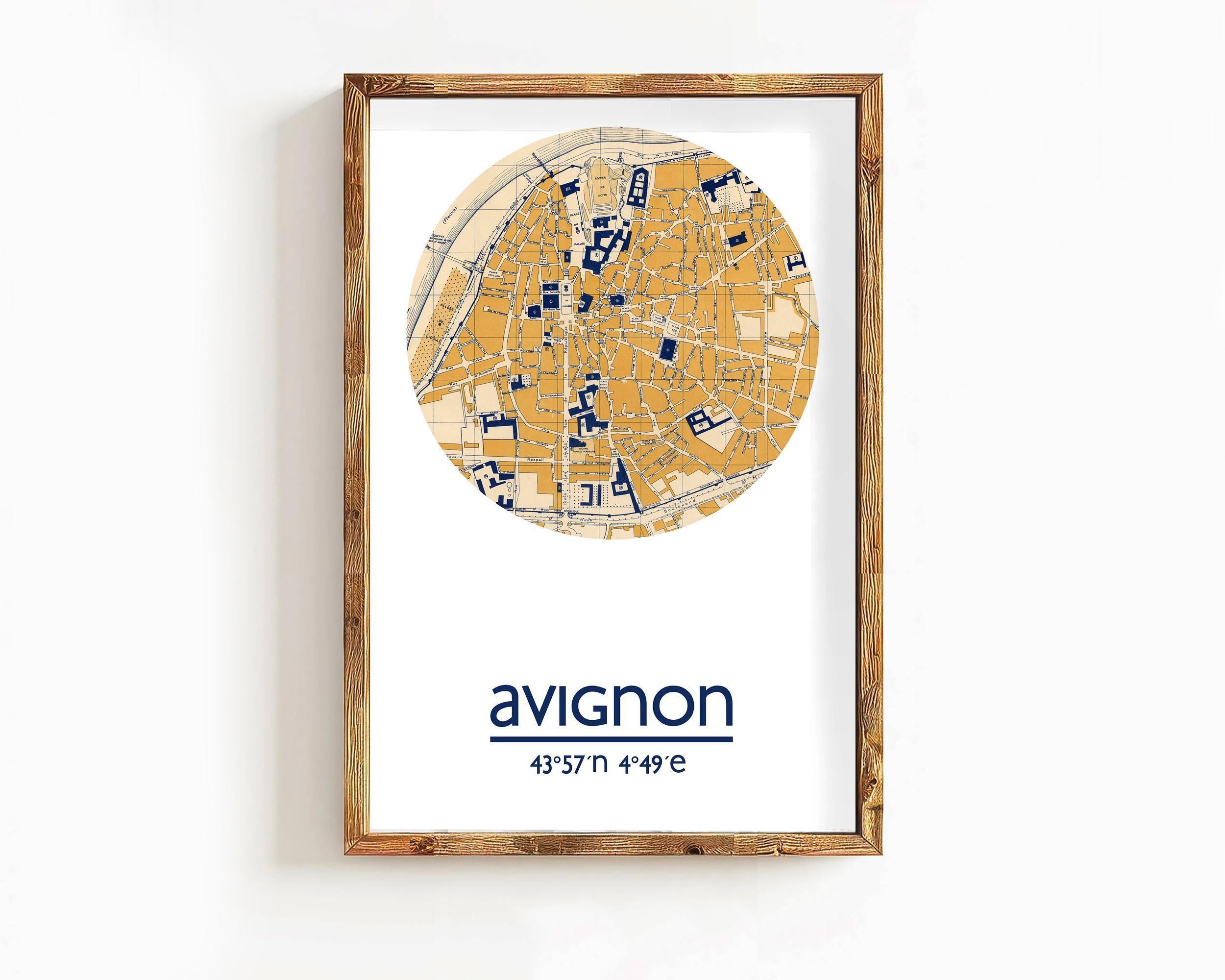 The image is a framed print of a map of Avignon, France, with the city's name and coordinates displayed.