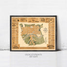 The image is a framed vintage map of a city, likely from the past, with various buildings and landmarks depicted.