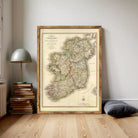 The image is a framed map of Ireland, depicting the country's geographical layout and surrounding areas.