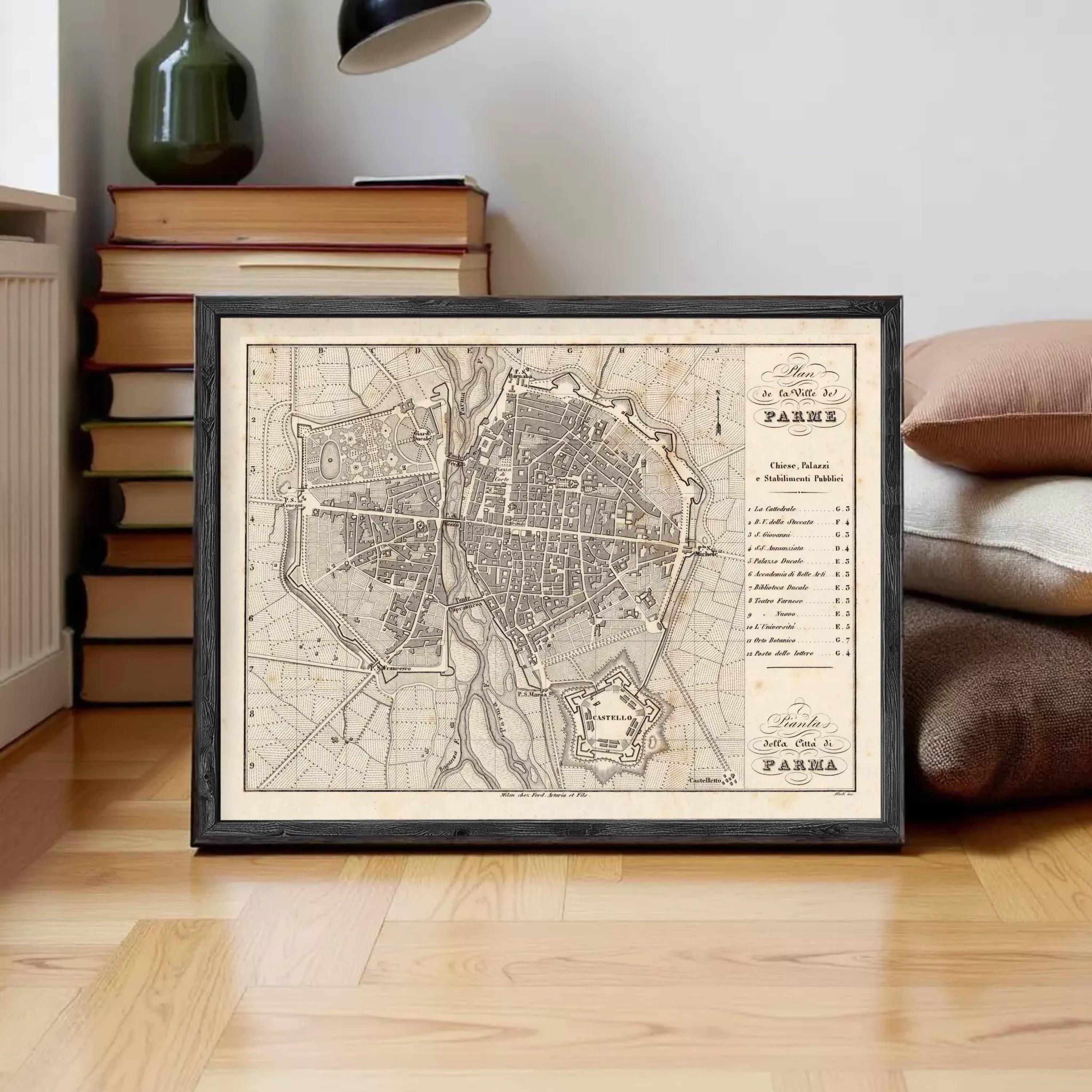 The image is a framed vintage map of Paris, France, depicting the city's layout and surrounding areas.