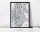 The image is a framed vintage map of New York City, depicting the city's streets, waterways, and surrounding areas.