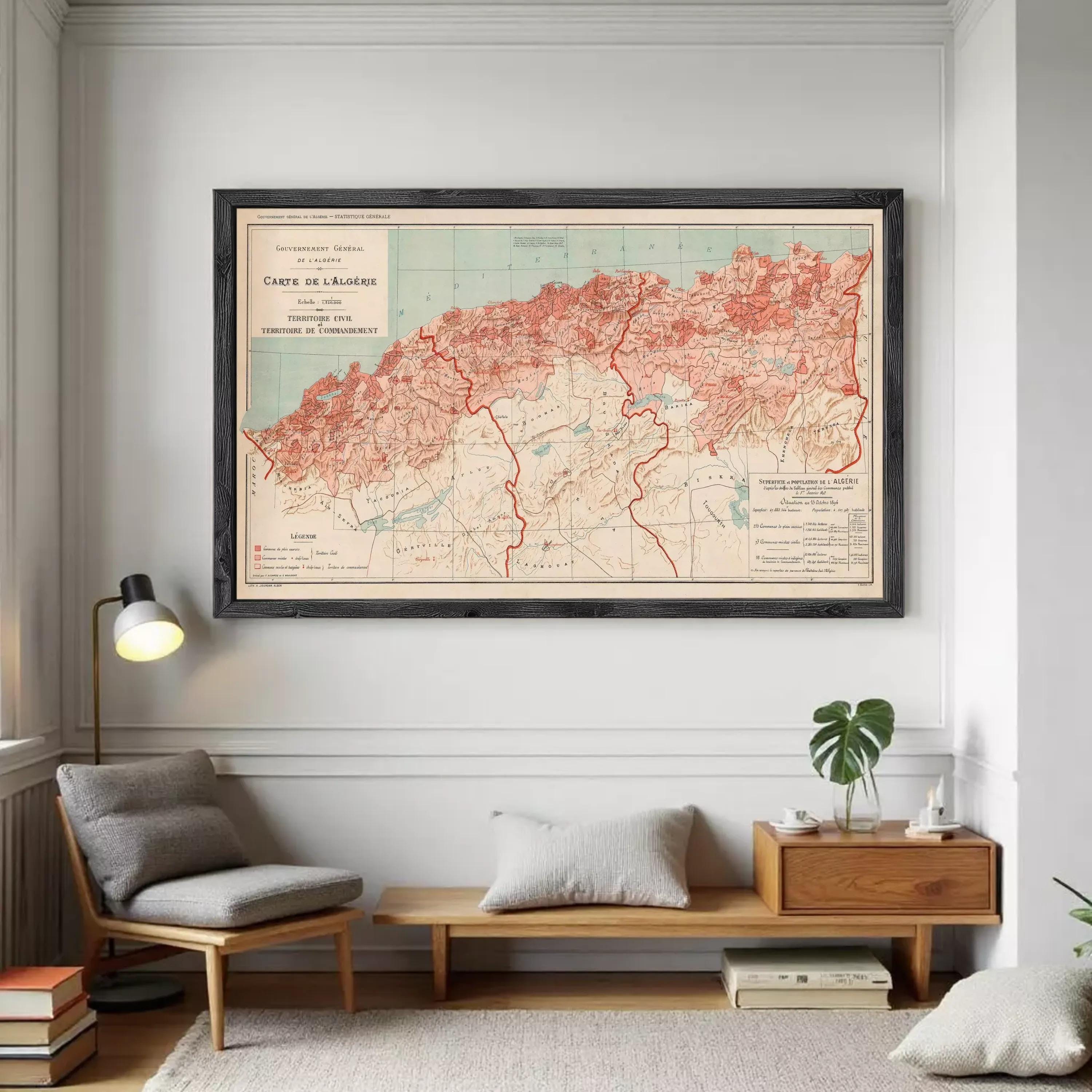 The image is a framed map of the French territory of Algeria, depicting the country's geographical layout and boundaries.