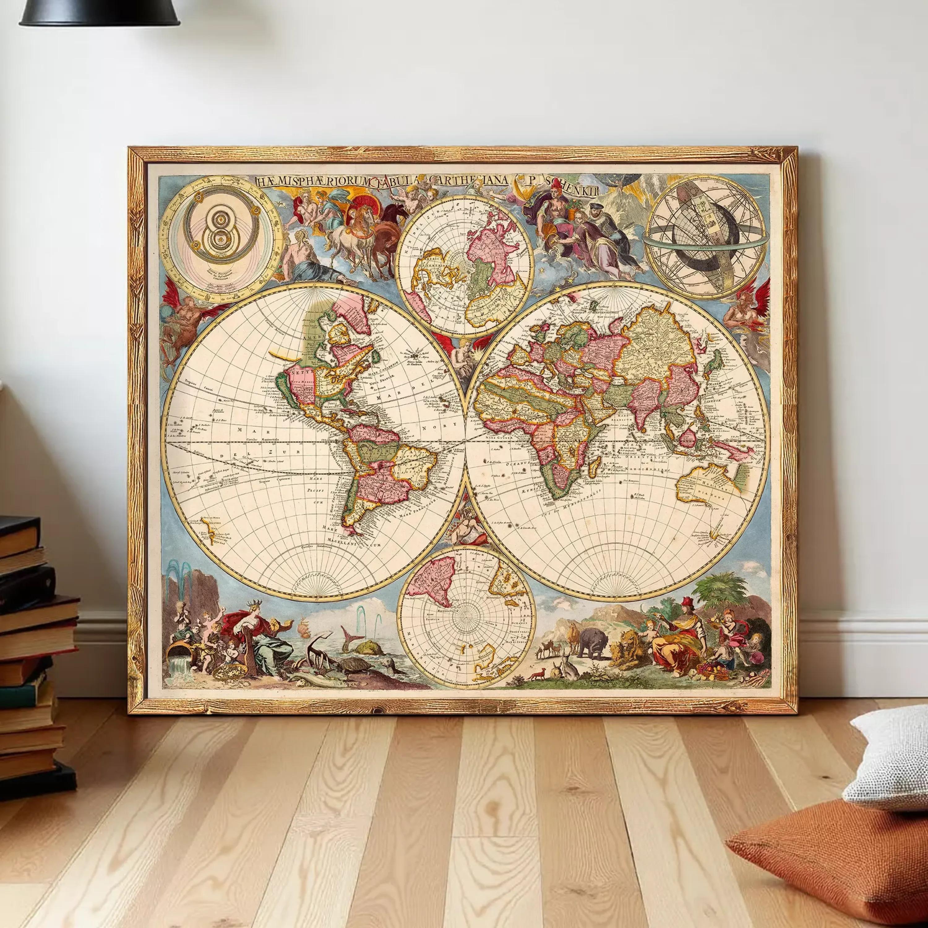 The image is a framed antique map of the world, featuring intricate illustrations and detailed cartography.