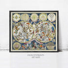 The image is a framed art print depicting a detailed and colorful celestial map, with various celestial objects and symbols arranged in a visually striking manner.