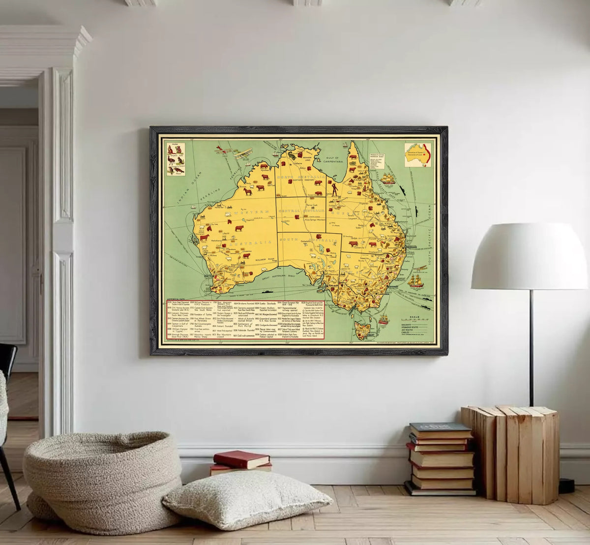 The image is a framed map of Australia, showing various landmarks and locations across the country.