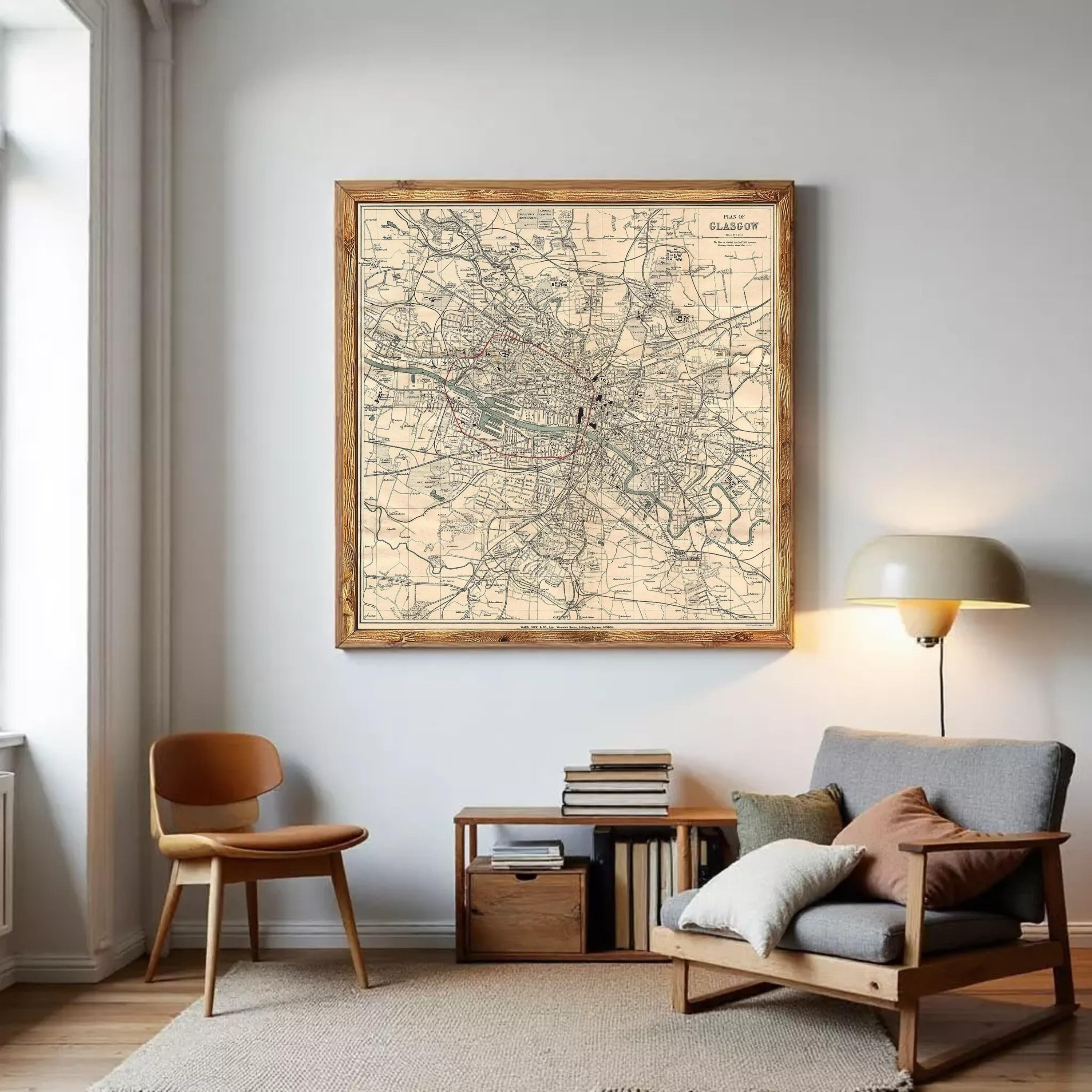 The image is a framed vintage map of Glasgow, Scotland, depicting the city's streets and landmarks in a detailed and intricate manner.