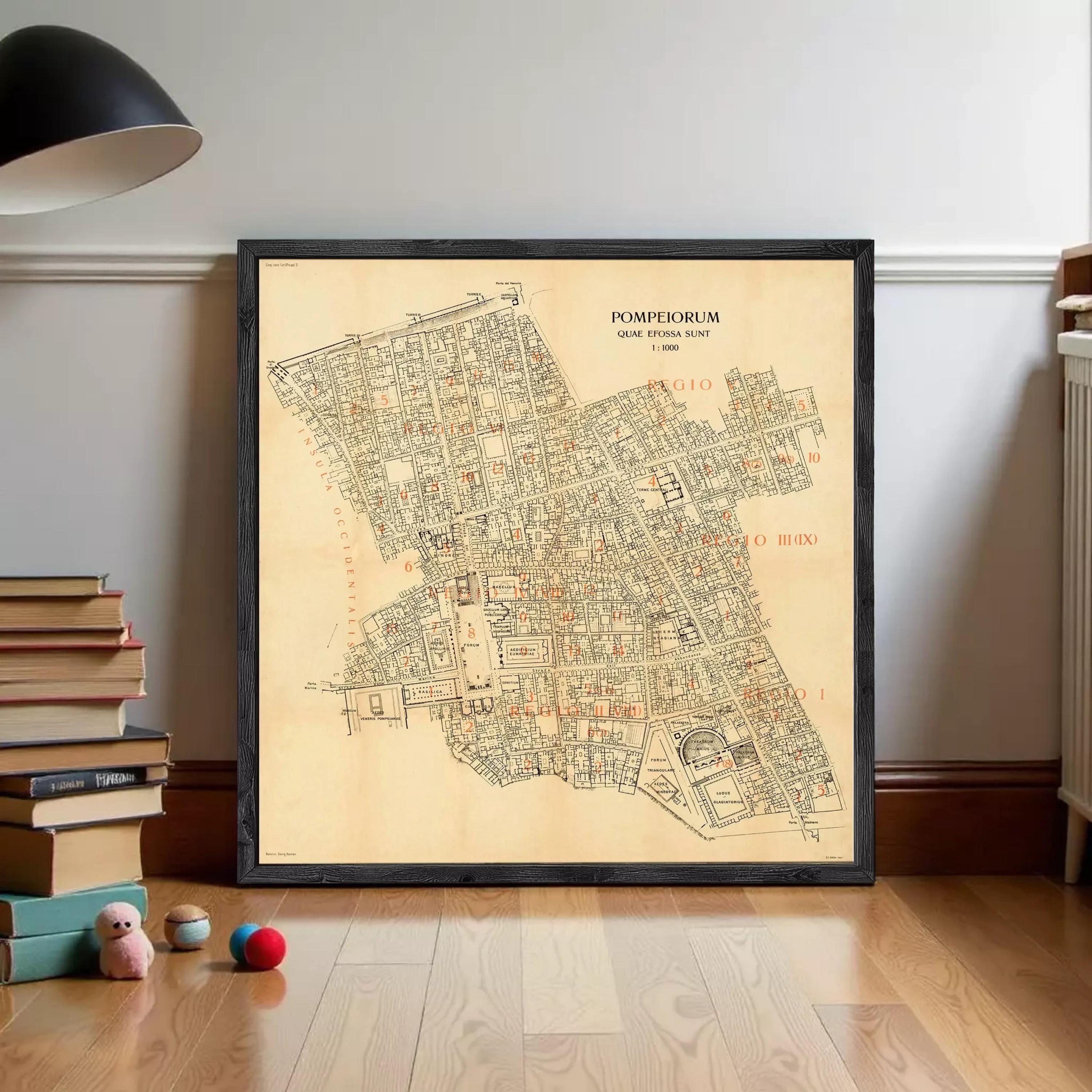 The image is a framed map of the city of Pompeii, Italy, depicting the layout and layout of the city in a detailed and historical manner.