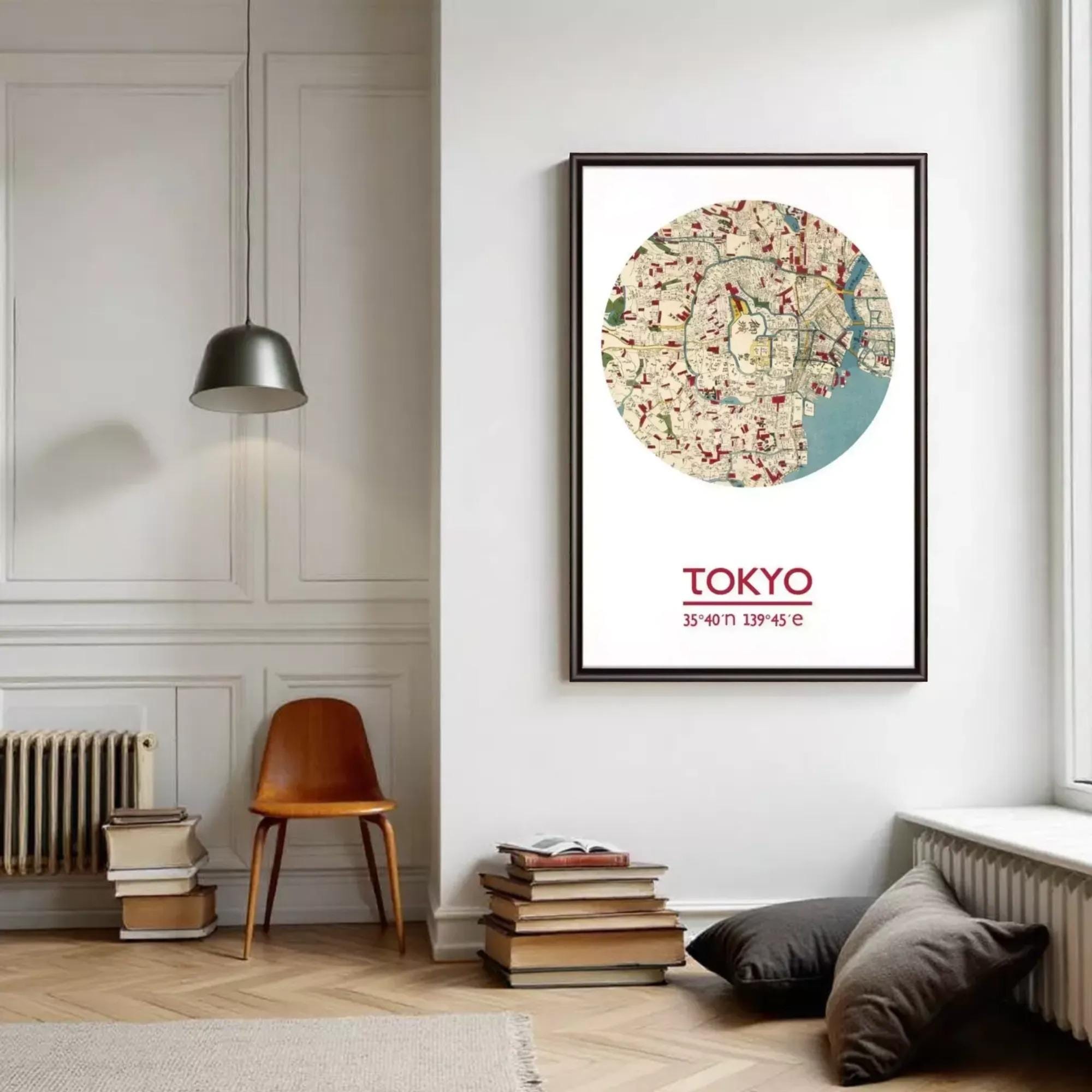 a framed map of Tokyo, with a wooden chair and a stack of books in the foreground.
