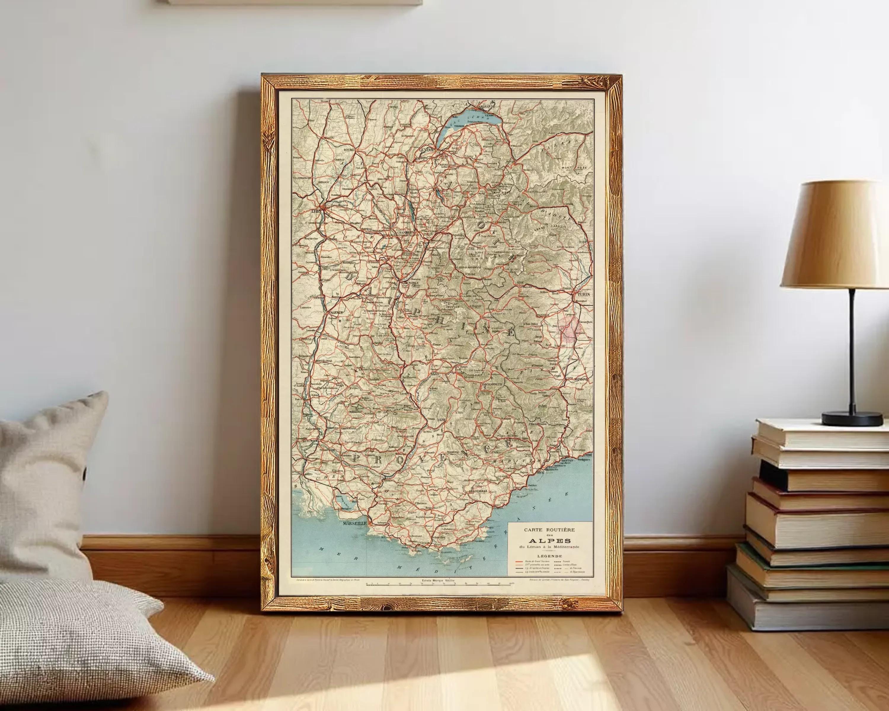 The image is a framed vintage map of the Alpes region, depicting the area in a detailed and intricate manner.