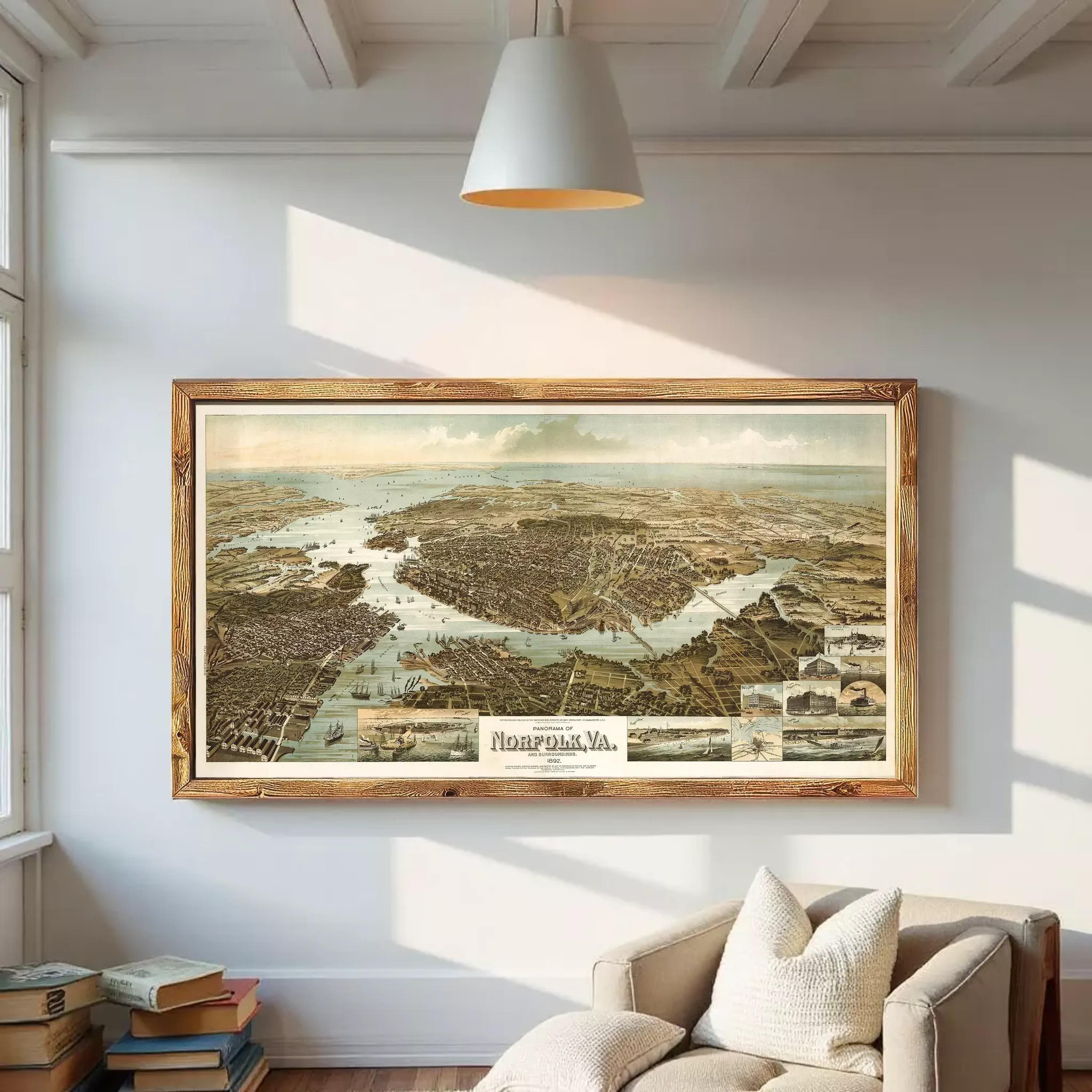 The image is a framed vintage map of Norfolk, Virginia, depicting the city's layout and surrounding areas.