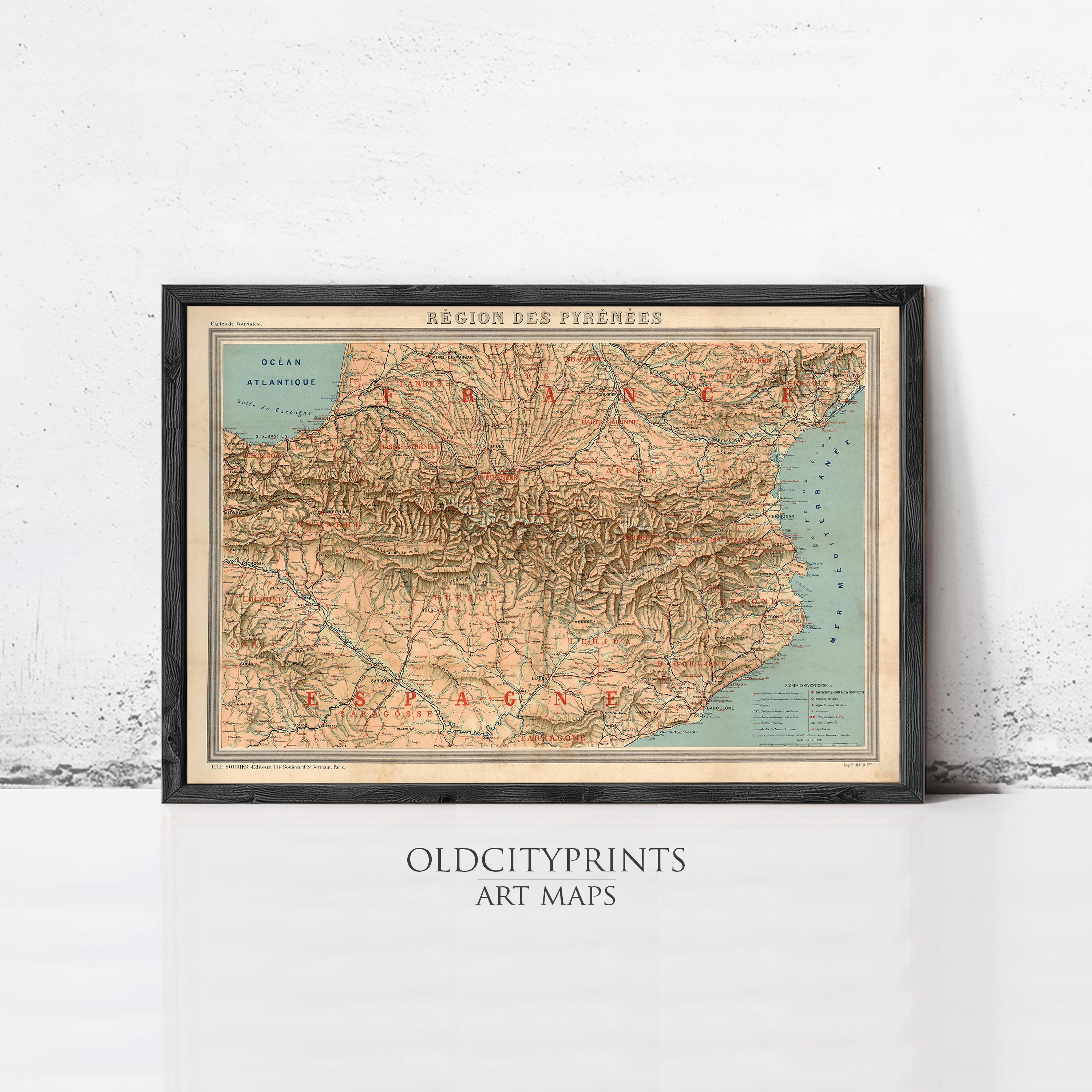The image is a framed vintage map of the region of Pyrenees, depicting the mountainous terrain and surrounding areas.