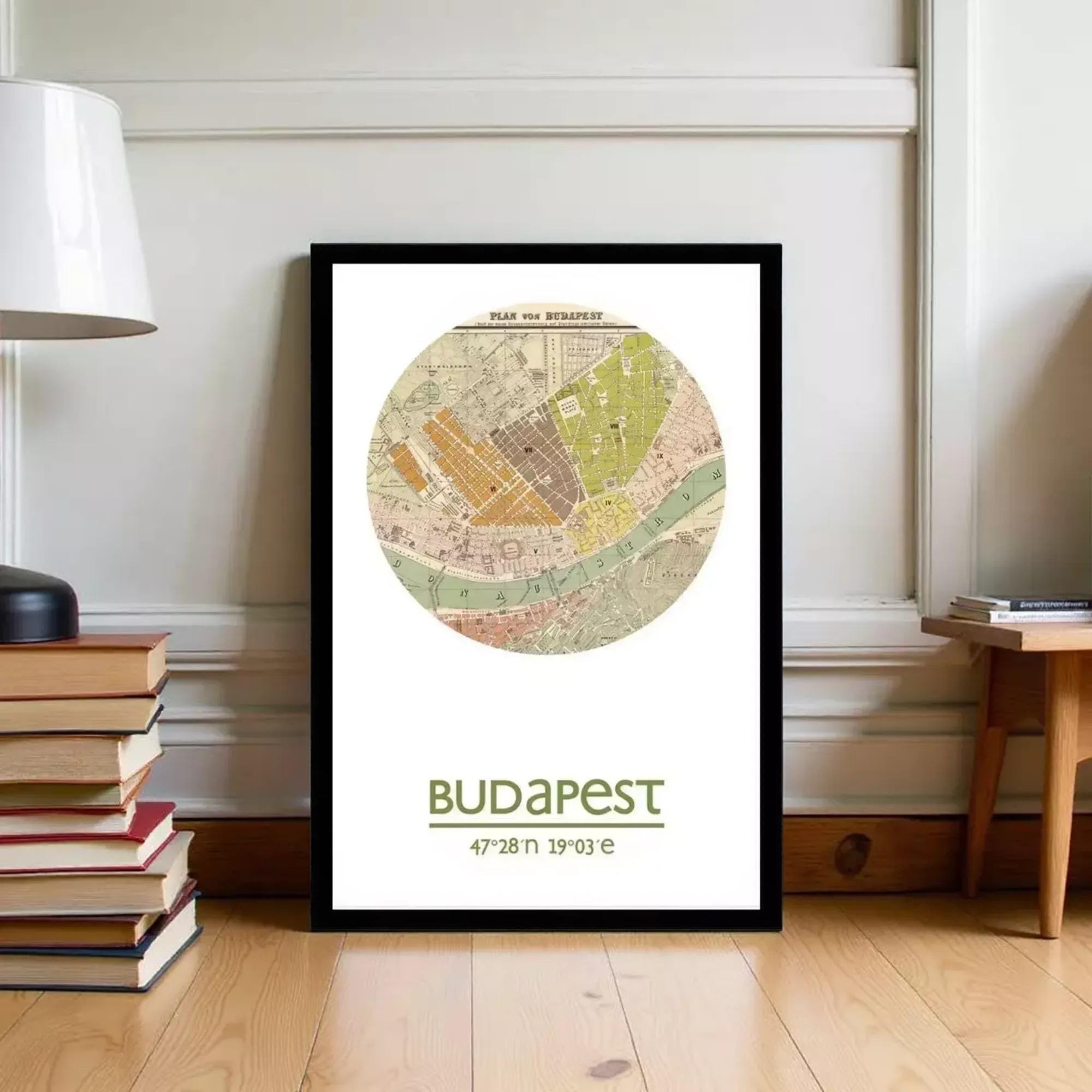 A framed map of Budapest, Hungary, with the text "BUDAPEST" and the date "47.28.1903" printed on it.