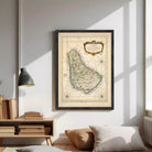 The image is a framed vintage map of the Caribbean island of Barbados, showing the island's geographical layout and surrounding areas.