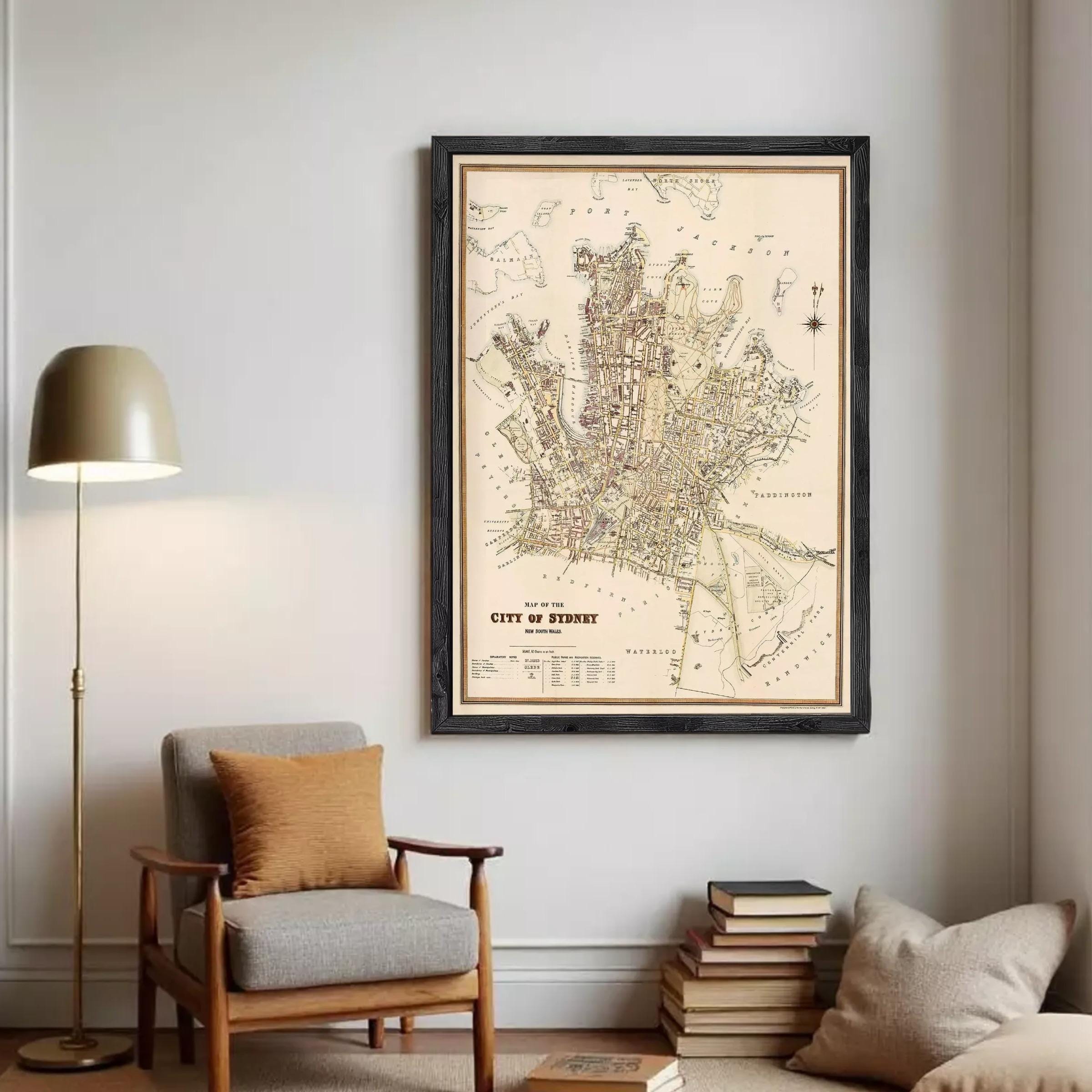 The image is a framed map of the city of Sydney, Australia, depicting the city's streets and surrounding areas.