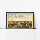 The image is a framed painting depicting a cityscape with people, horses, and buildings in the background.