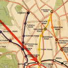 The image is a vintage map of London showing the London Underground and its surrounding areas.