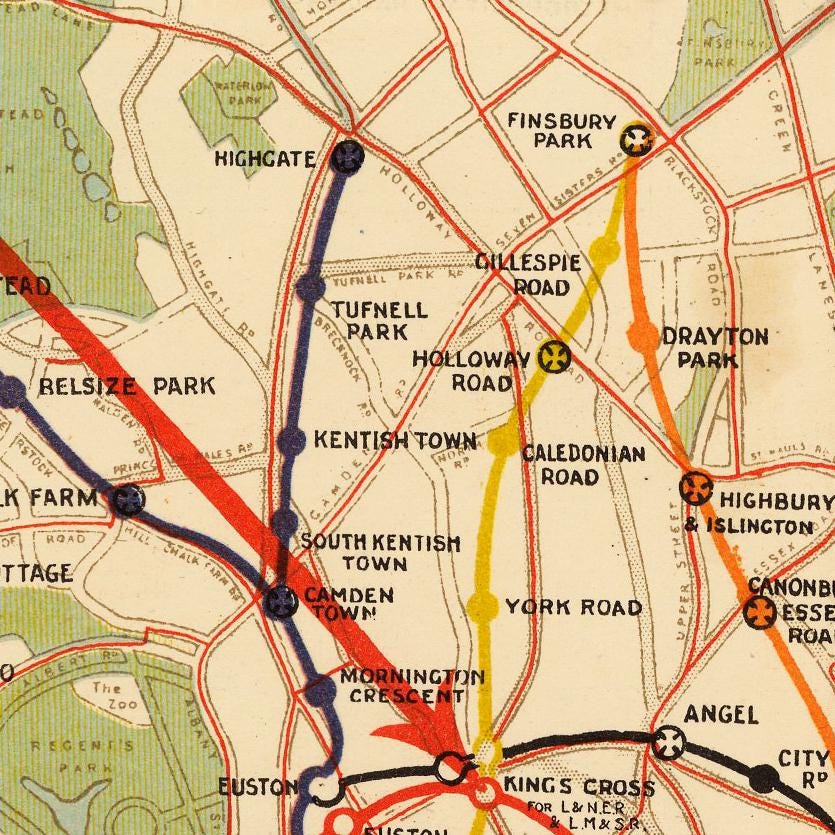 The image is a vintage map of London showing the London Underground and its surrounding areas.