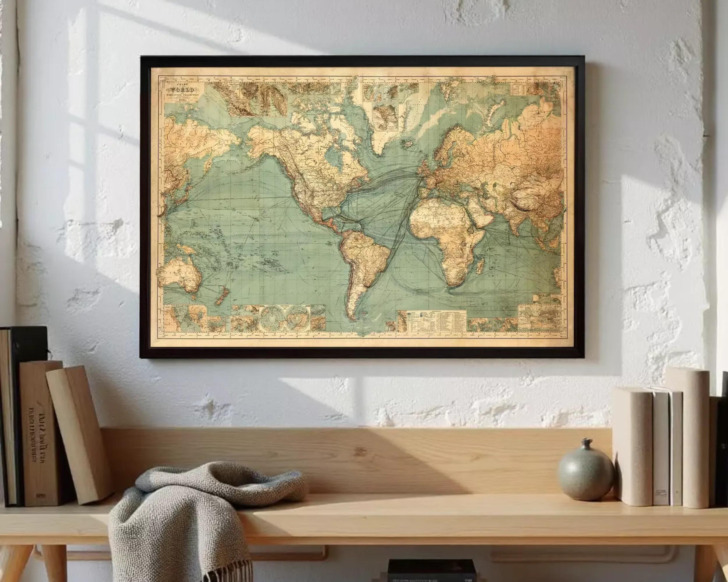 a large, framed vintage map of the world hanging on a wall above a wooden table.