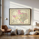 The image is a framed vintage map of Texas, depicting the state in a detailed and colorful manner.