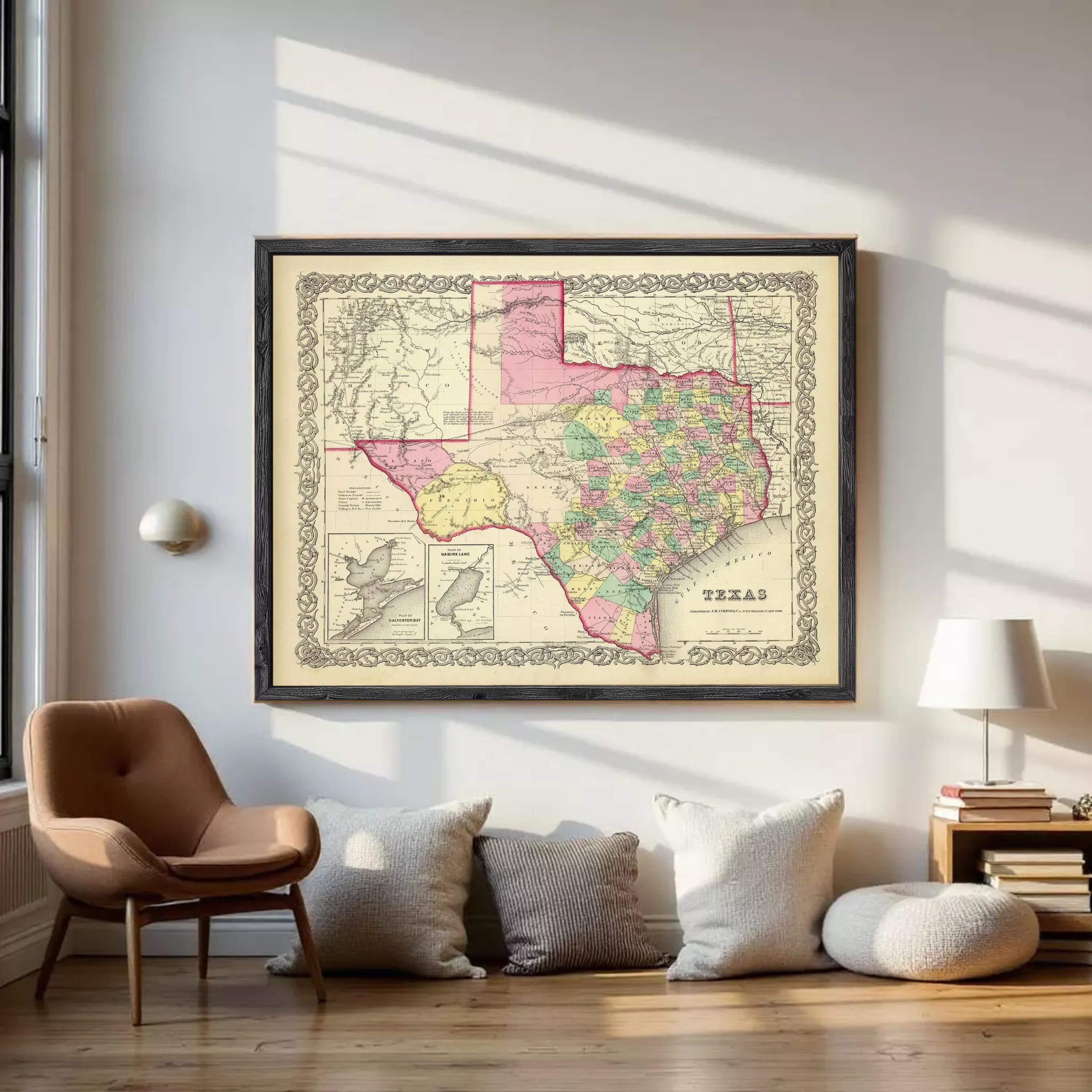 The image is a framed vintage map of Texas, depicting the state in a detailed and colorful manner.