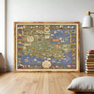 The image is a framed vintage map of the United States, featuring various landmarks, symbols, and illustrations in a colorful and detailed manner.