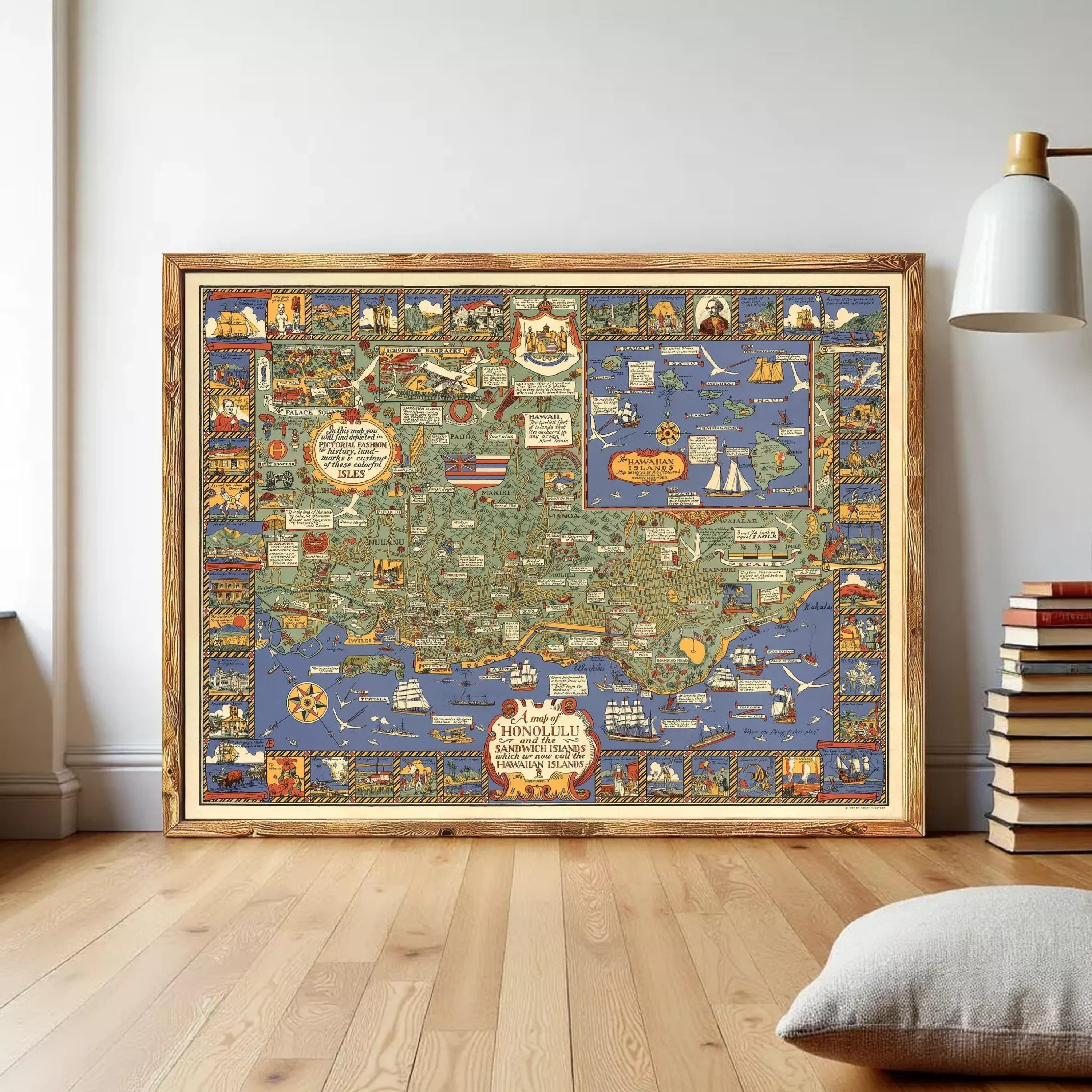 The image is a framed vintage map of the United States, featuring various landmarks, symbols, and illustrations in a colorful and detailed manner.
