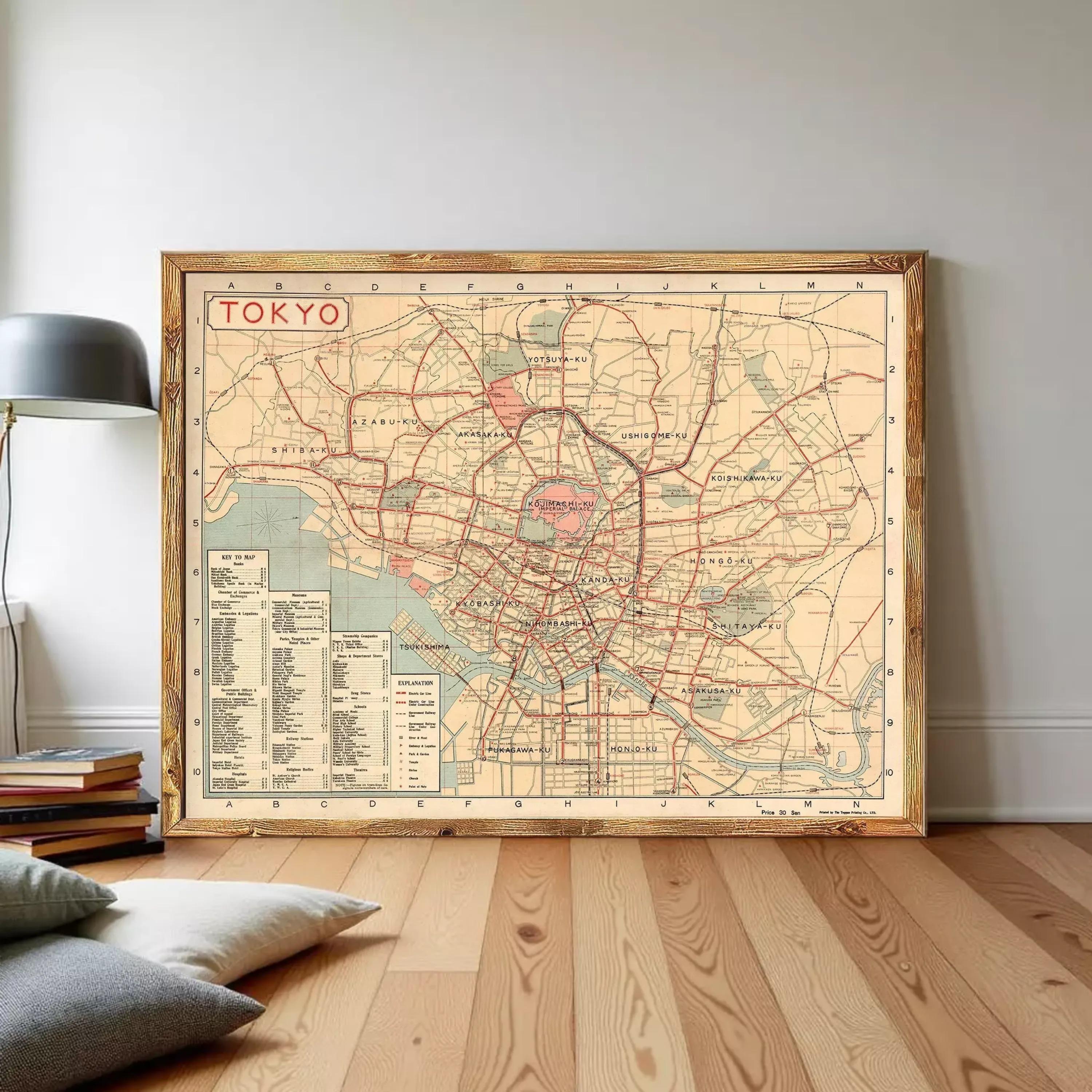 a large framed map of Tokyo, Japan, with various streets and landmarks clearly marked.