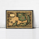 The image is a framed vintage map of Cape Cod, Massachusetts, depicting the coastline and surrounding areas in a detailed and ornate style.
