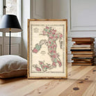 The image is a framed vintage map of Italy, depicting the country in a detailed and colorful manner.