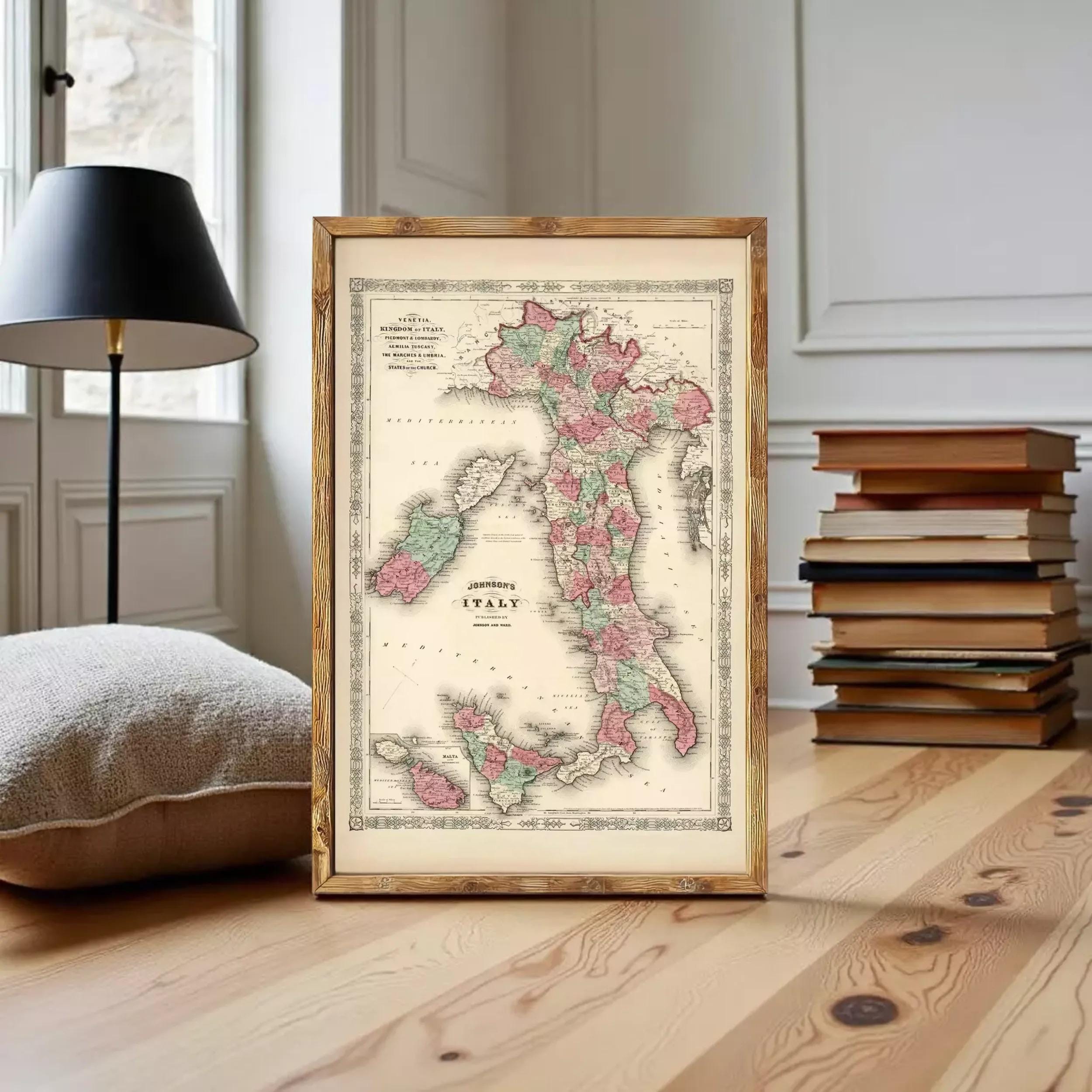 The image is a framed vintage map of Italy, depicting the country in a detailed and colorful manner.