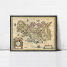 The image is a framed vintage map of Iceland, featuring detailed geographical information and labeled with various locations and landmarks.