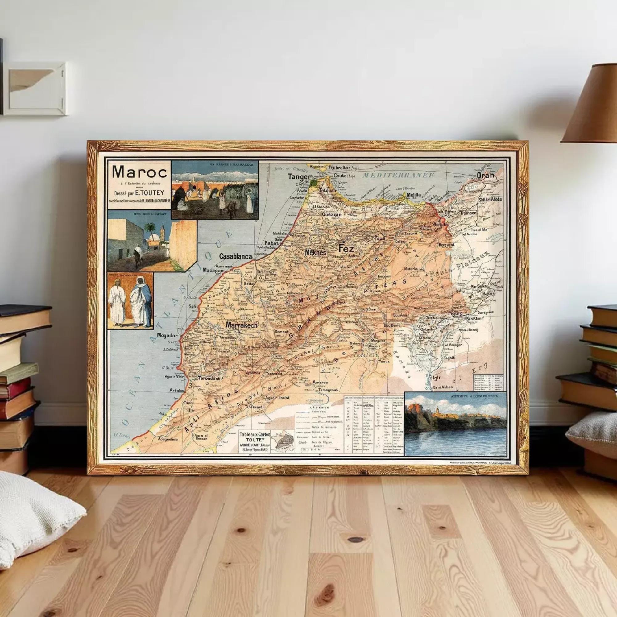 The image is a large framed map of Morocco, with various landmarks and locations marked on it.