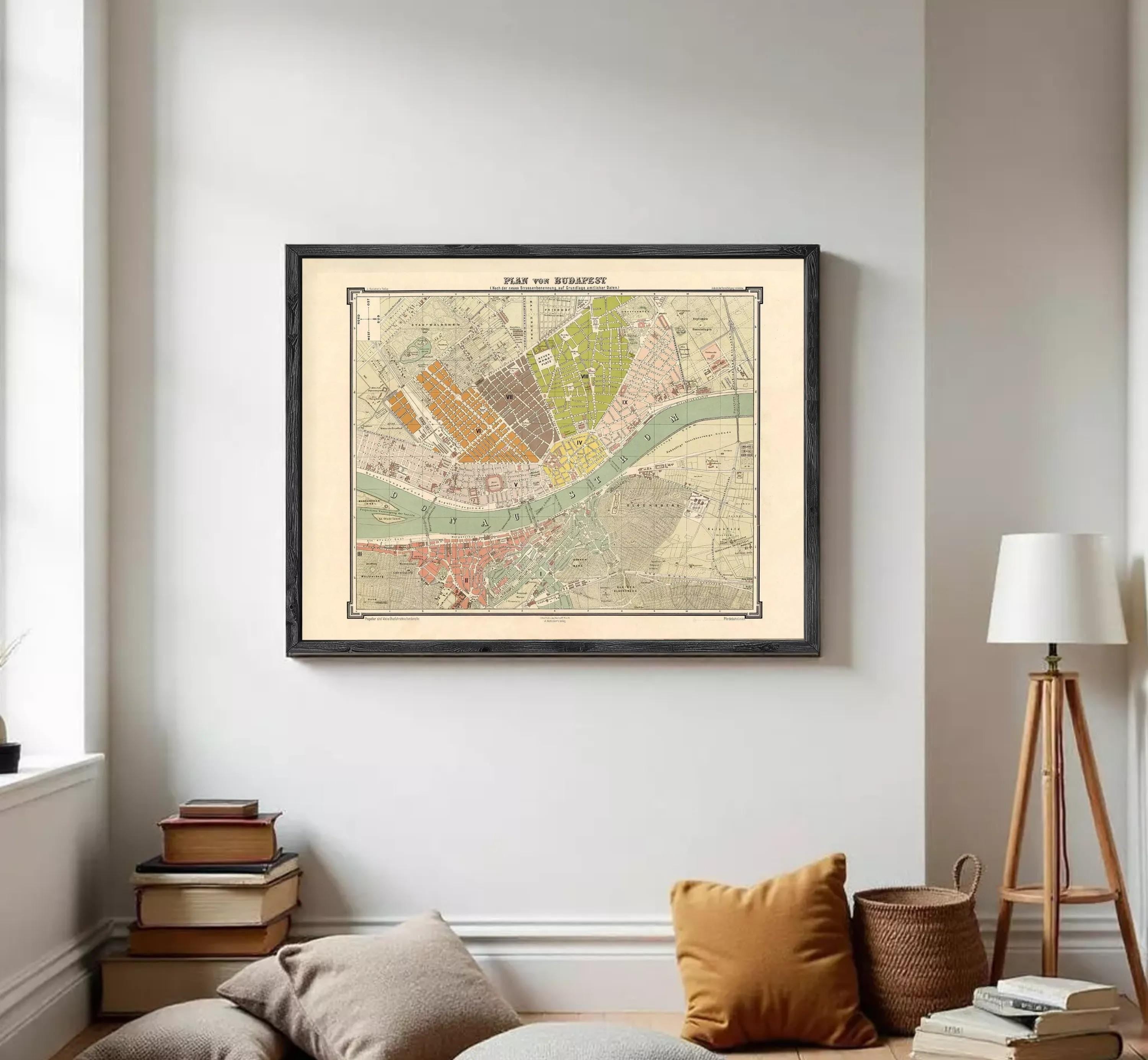 The image is a framed vintage map of Berlin, Germany, depicting the city's streets and landmarks.
