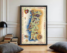 The image is a framed vintage map of Portugal, featuring colorful illustrations and text.