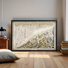 The image is a framed painting depicting a mountainous landscape with a snowy, wintry scene.